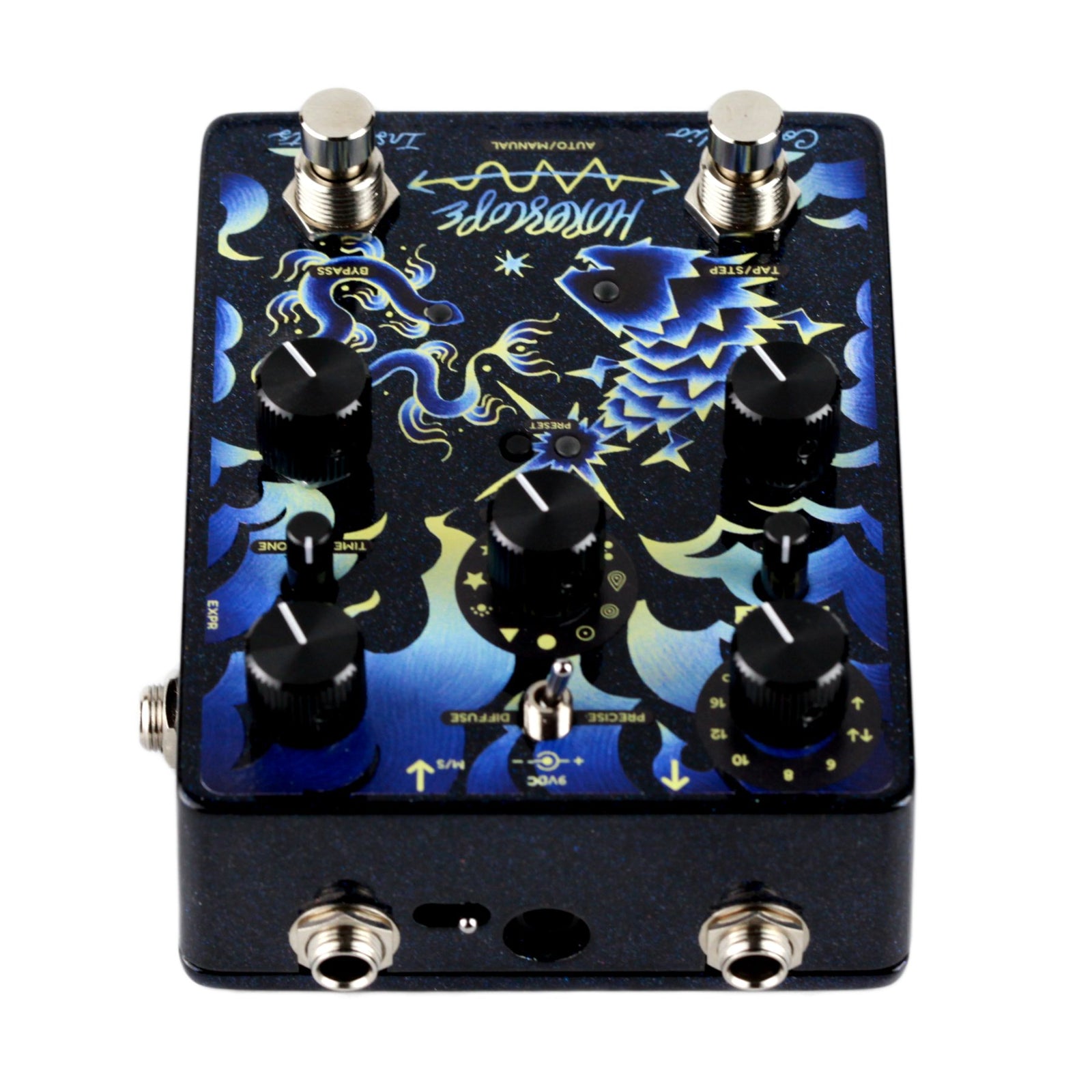 Rear perspective view of the Cosmodio Instruments Horoscope Echo Sequencer pedal showing top-mounted audio jacks, 9V DC power jack, and M/S toggle switch.
