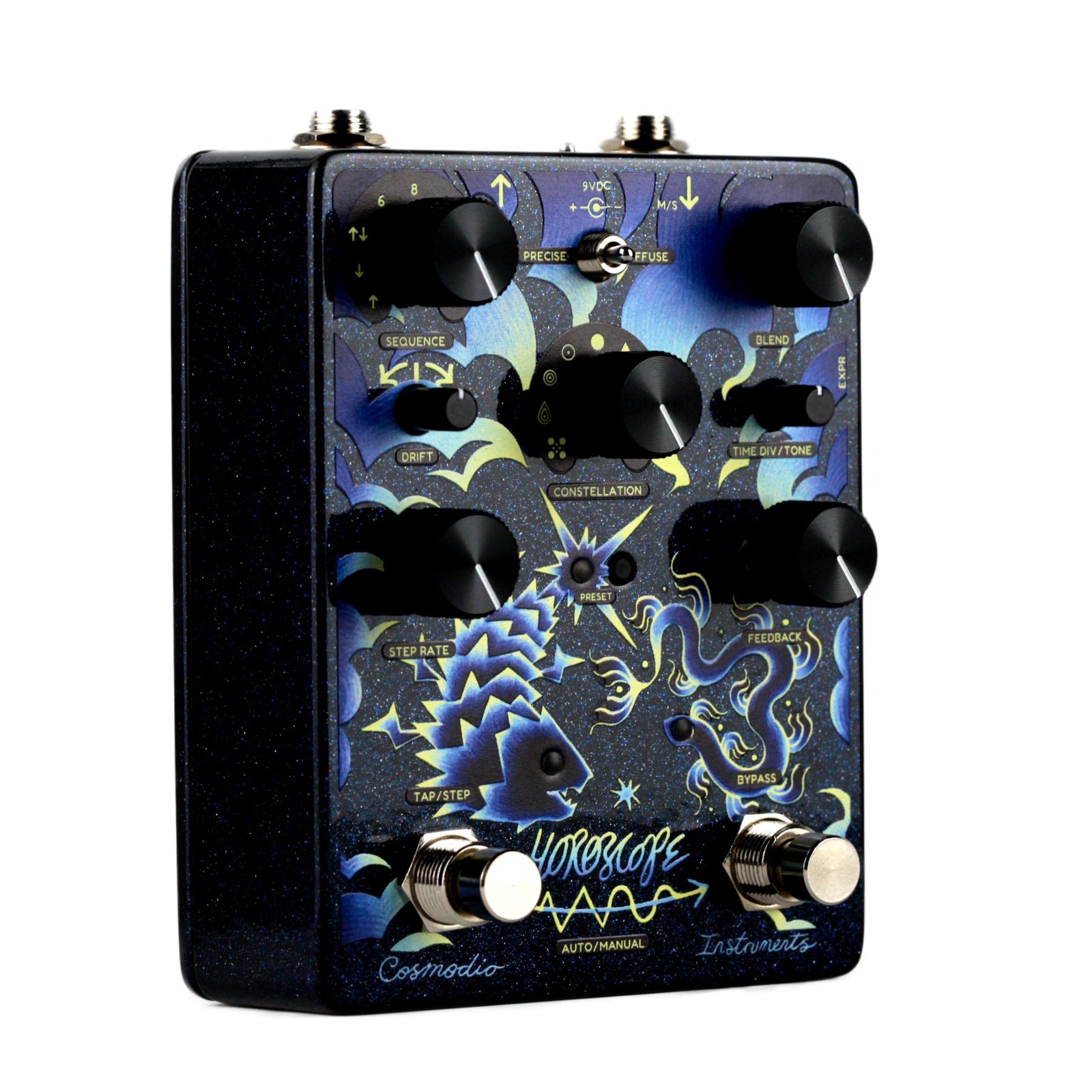 Left three-quarter angle view of the Cosmodio Instruments Horoscope Echo Sequencer pedal displaying the control knobs, switches, and dark metallic enclosure finish.