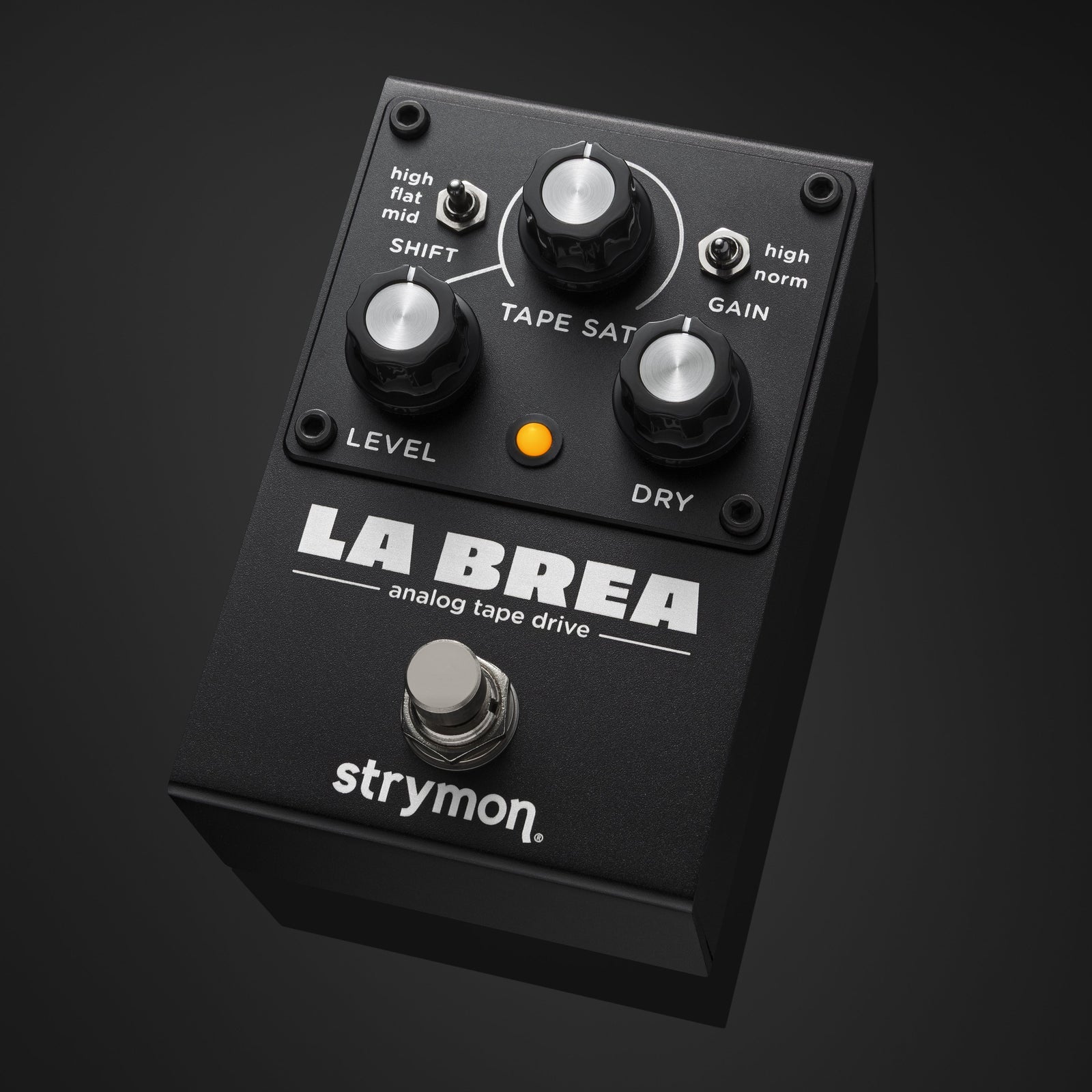 Top-down view of the Strymon La Brea analog tape drive pedal highlighting the Tape Sat, Level, Dry, Shift, and Gain controls.