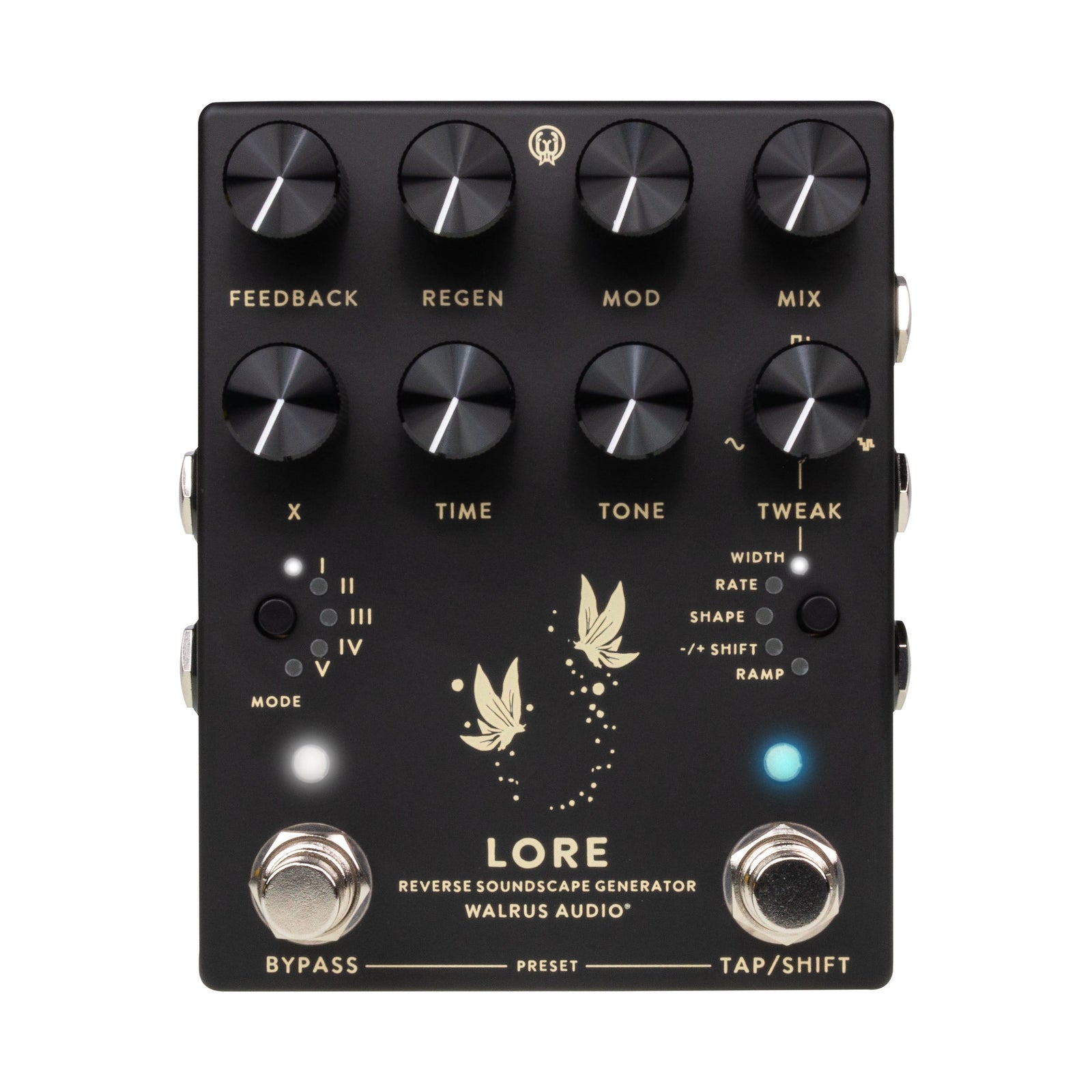 Walrus Audio Lore MKII Stereo Reverse Soundscape Generator Guitar Pedal in Black finish with artwork by Niall Grant