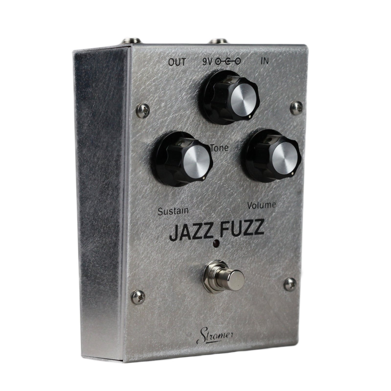 Top view of the Stromer Jazz Fuzz pedal controls and knobs