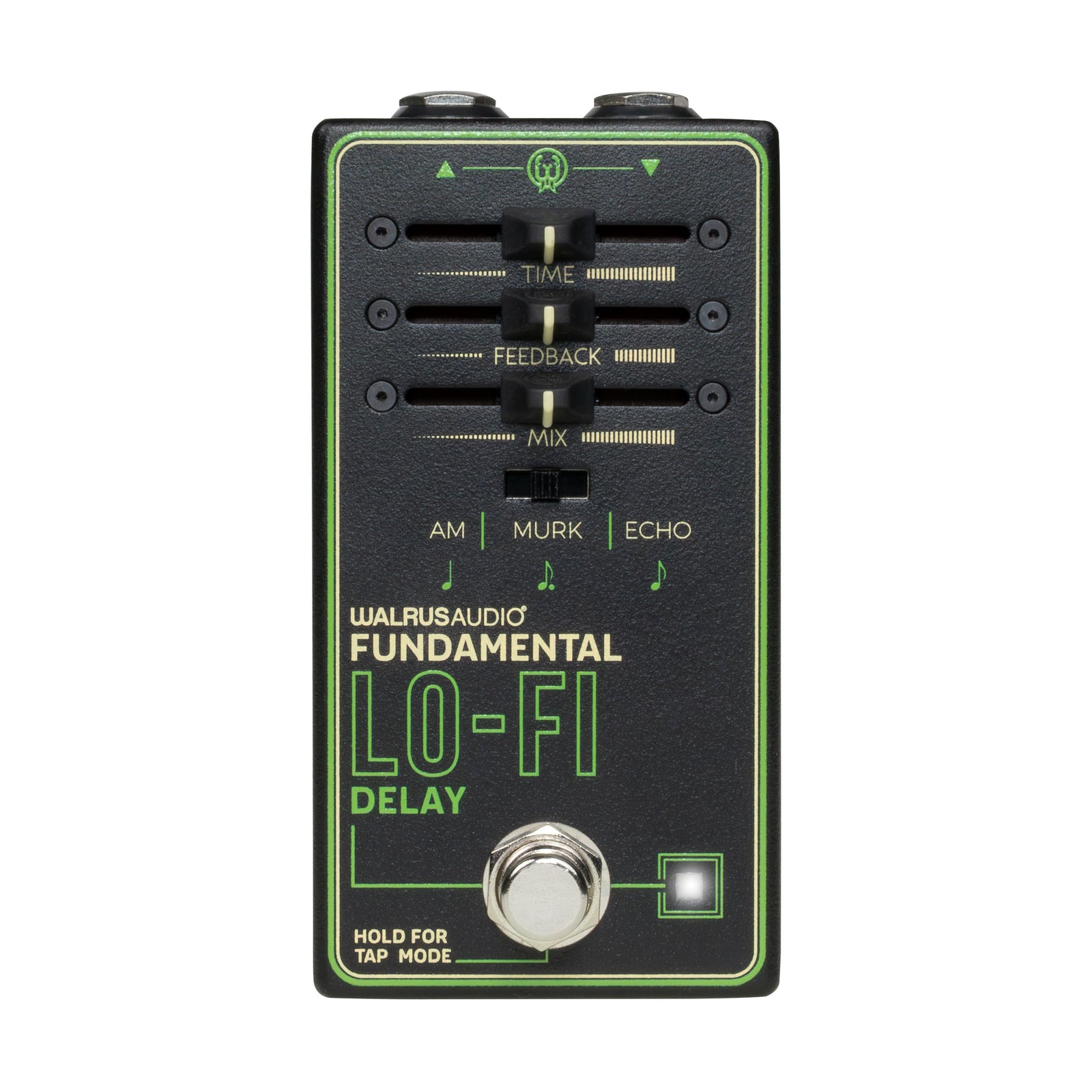 Front top-down view of the Walrus Audio Fundamental Lo-Fi Delay showing faders and switches.