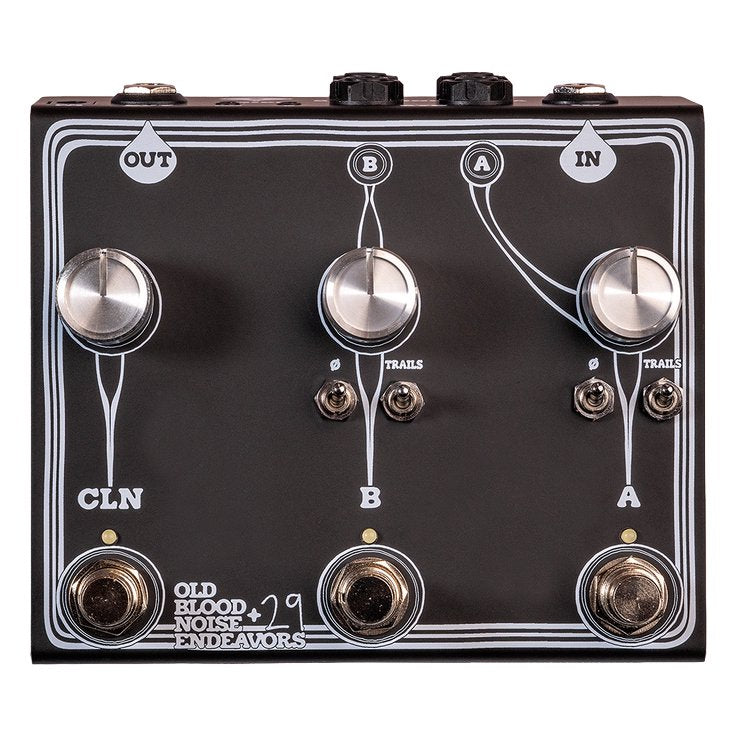 Front view of the Old Blood Noise Endeavors Signal Blender Stereo pedal showing the Loop A, Loop B, and Clean footswitches and volume knobs.