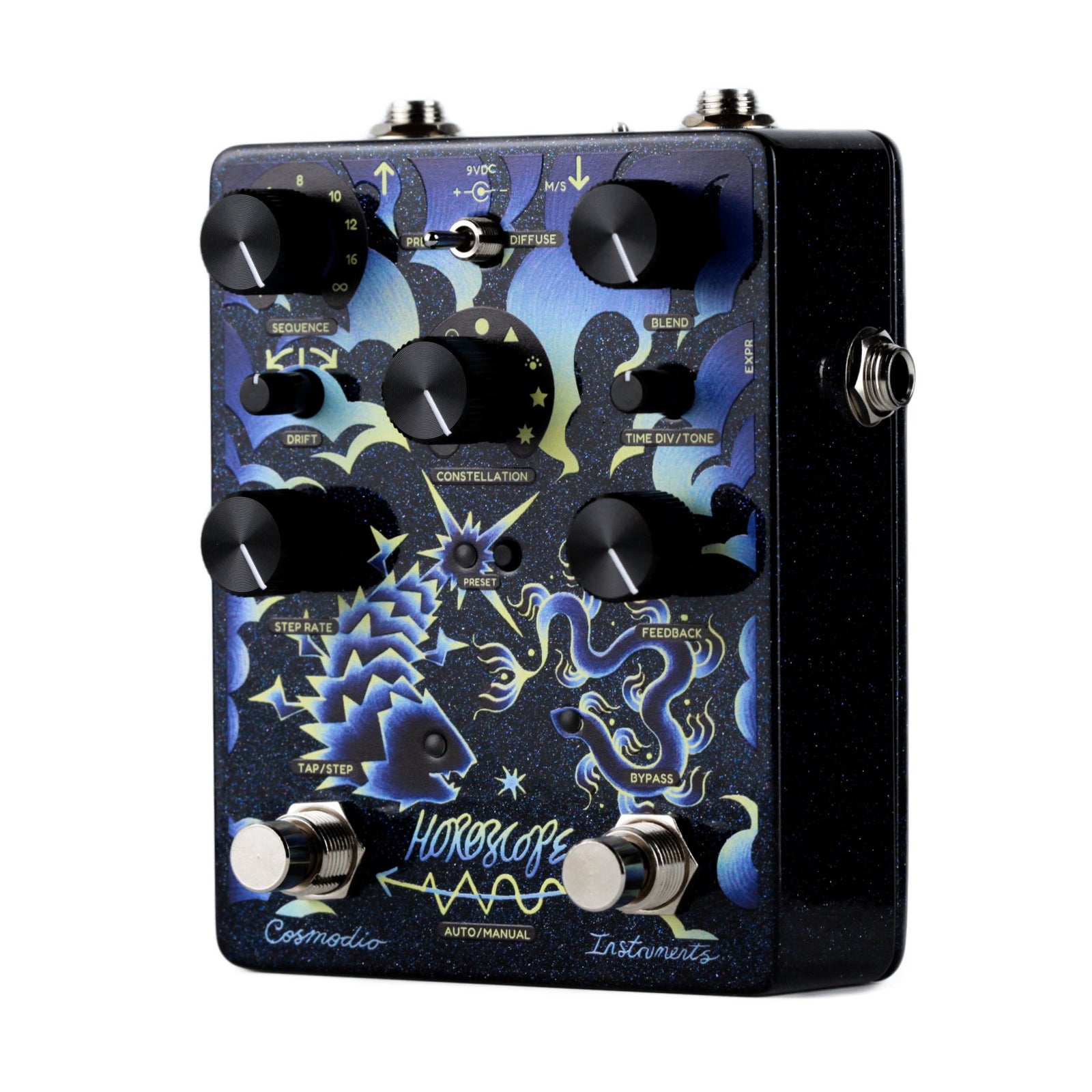 Right three-quarter angle view of the Cosmodio Instruments Horoscope Echo Sequencer pedal highlighting the expression jack and side enclosure profile.