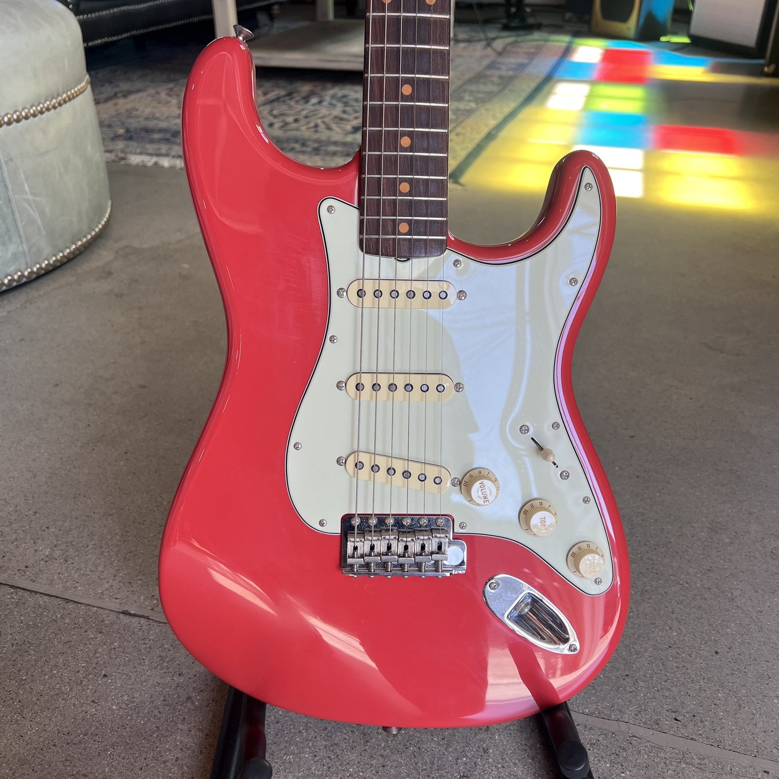 Full front view of the Fender American Vintage II 1961 Stratocaster in Fiesta Red
