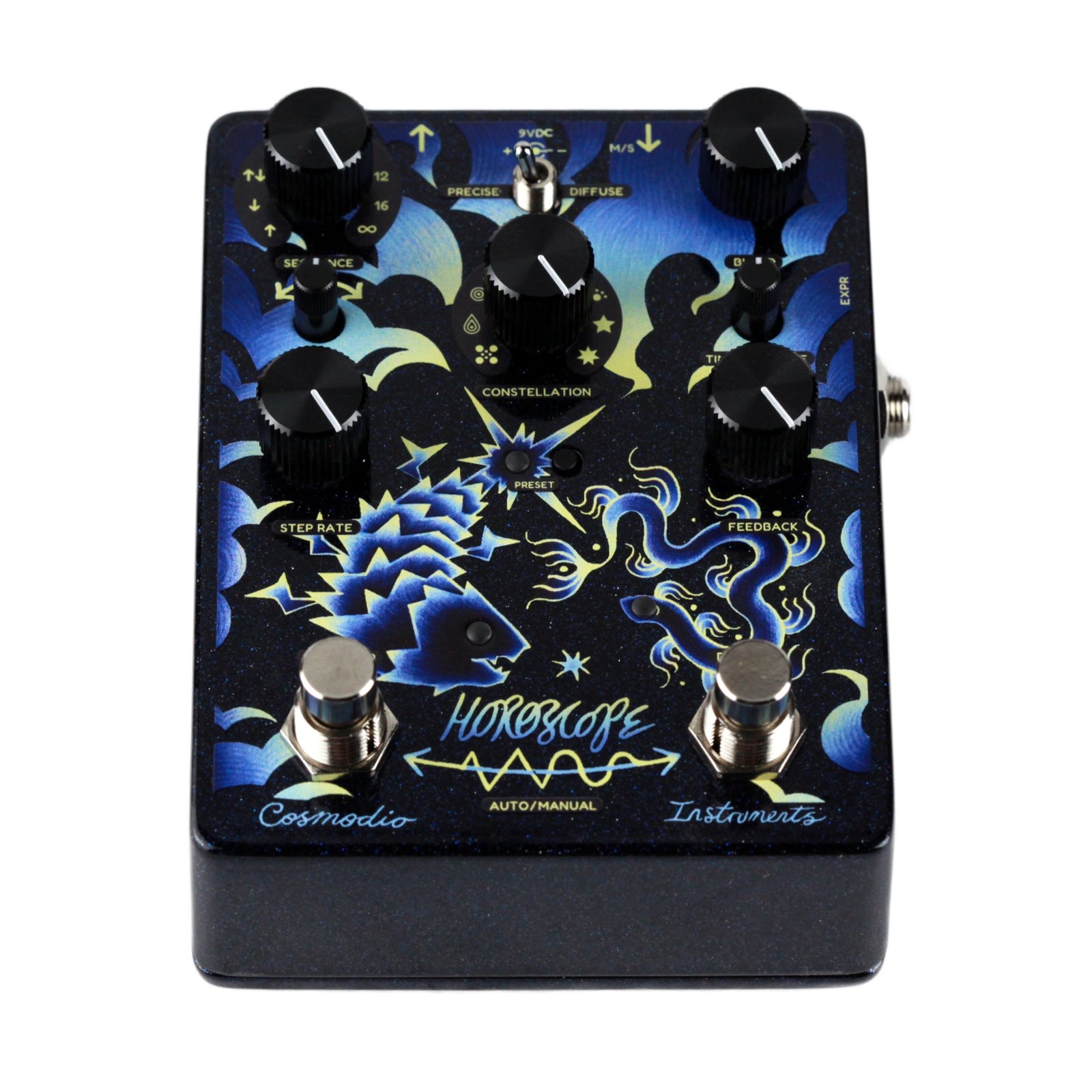 Top perspective view of the Cosmodio Instruments Horoscope Echo Sequencer pedal detailing the top layout, switch labeling, and front artwork. 