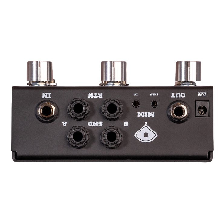 Top panel of the Old Blood Noise Endeavors Signal Blender Stereo highlighting the stereo inputs, outputs, MIDI port, and 9V power jack.