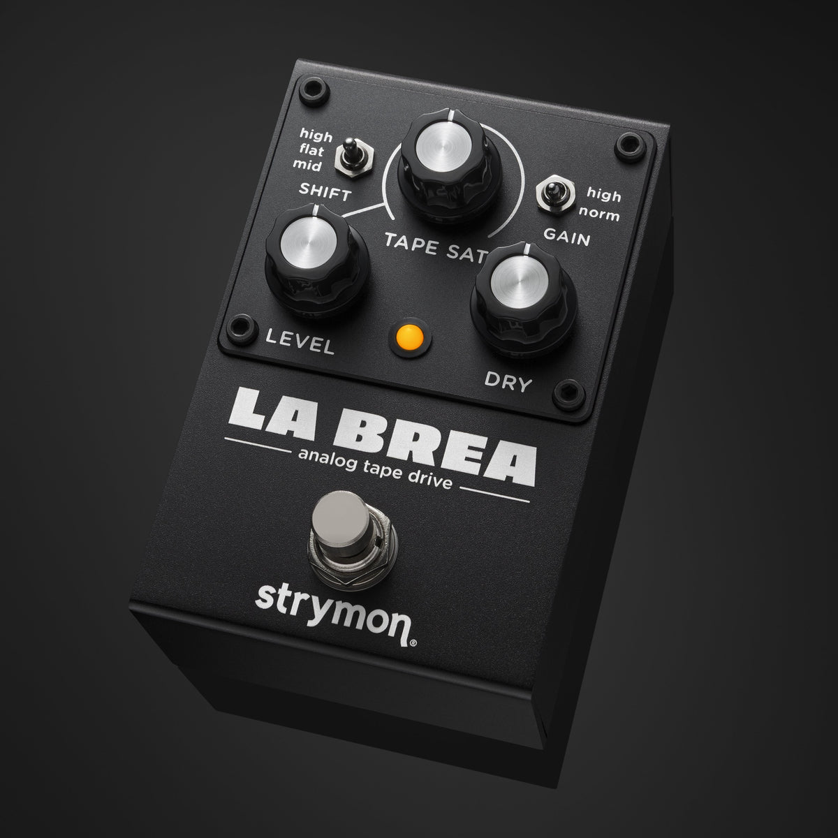 Top-down view of the Strymon La Brea analog tape drive pedal highlighting the Tape Sat, Level, Dry, Shift, and Gain controls. 