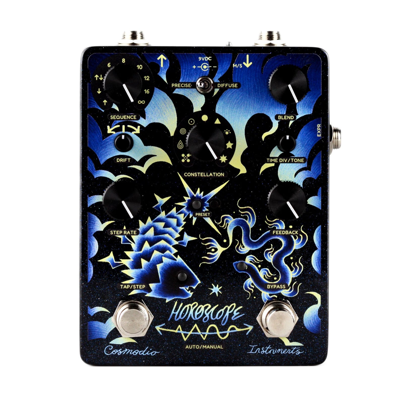 Direct front view of the Cosmodio Instruments Horoscope Echo Sequencer pedal showing blue and yellow cosmic artwork, control knobs, and footswitches on a white background.  
