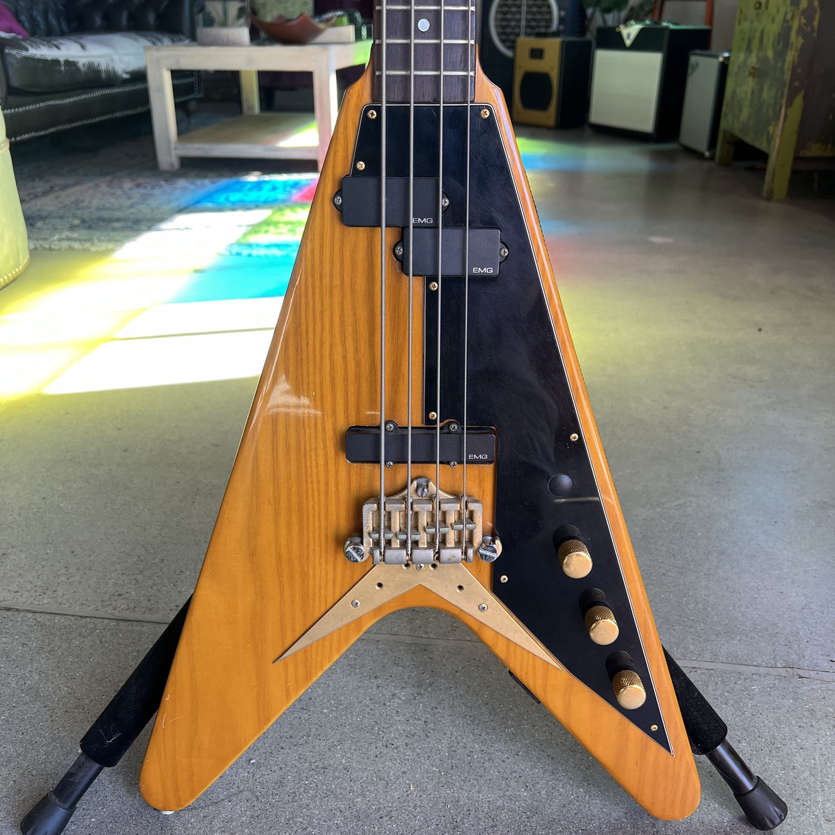 1977 Ibanez 2387B Rocket Roll Custom Flying V Bass Natural Modified w/ EMGs