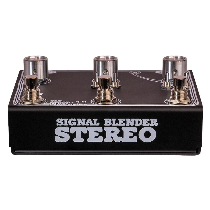 Angled view of the Old Blood Noise Endeavors Signal Blender Stereo routing pedal in a durable black metal enclosure.
