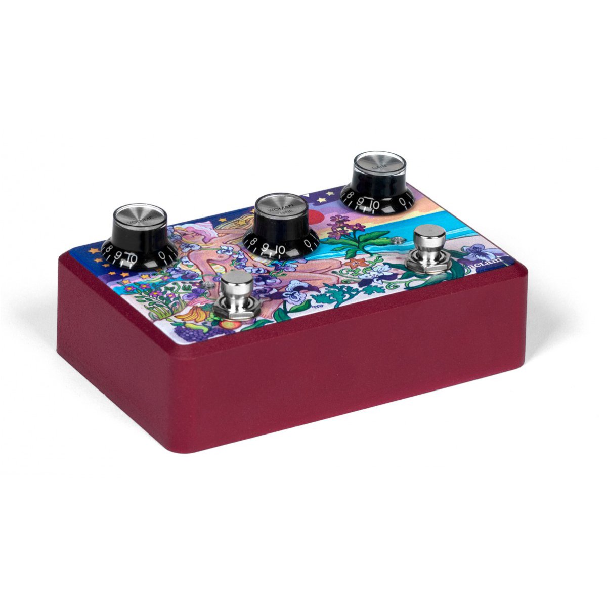 Top view of Aclam The Woman Tone pedal showing Woman Tone, Gain, and Volume control knobs