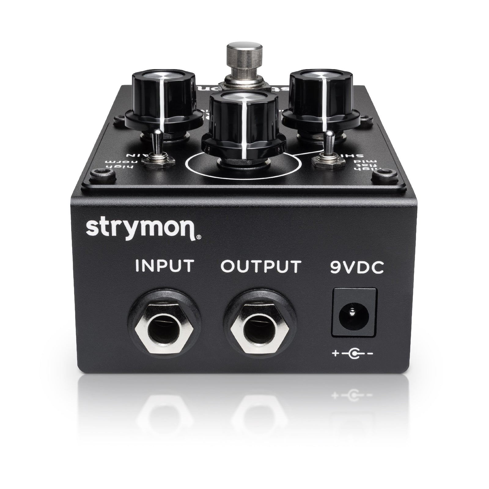 Rear view of the Strymon La Brea analog tape drive pedal showing the input, output, and 9VDC power connections. 