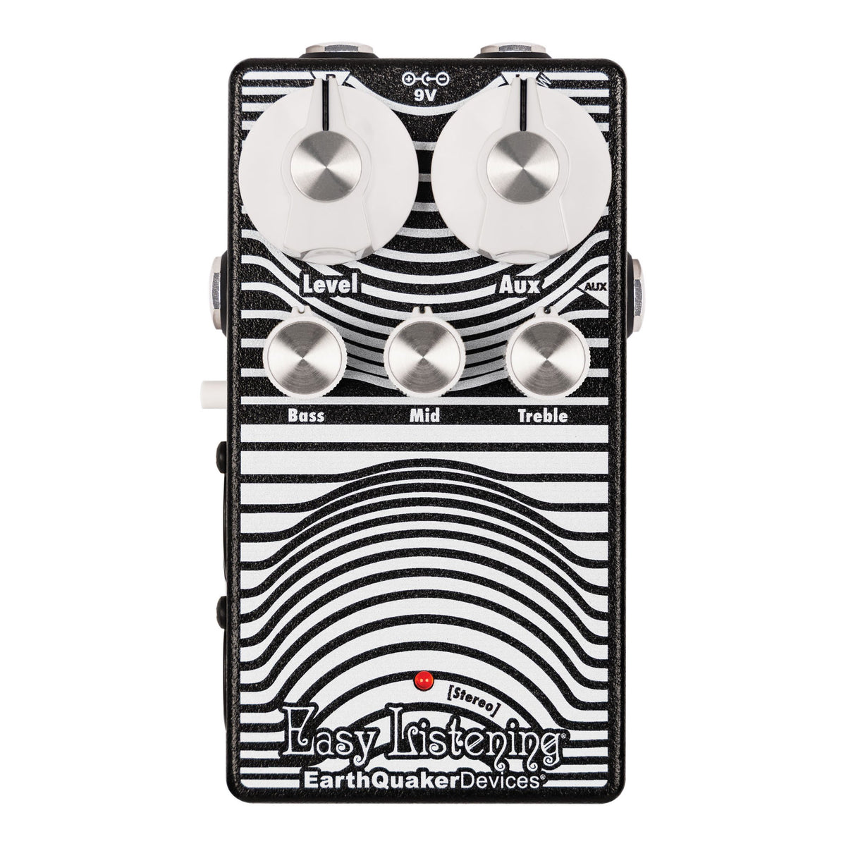 Top view of the EarthQuaker Devices Stereo Easy Listening Analog Amp Simulator showing the black and white wave graphic, dual master knobs, and three-band EQ.