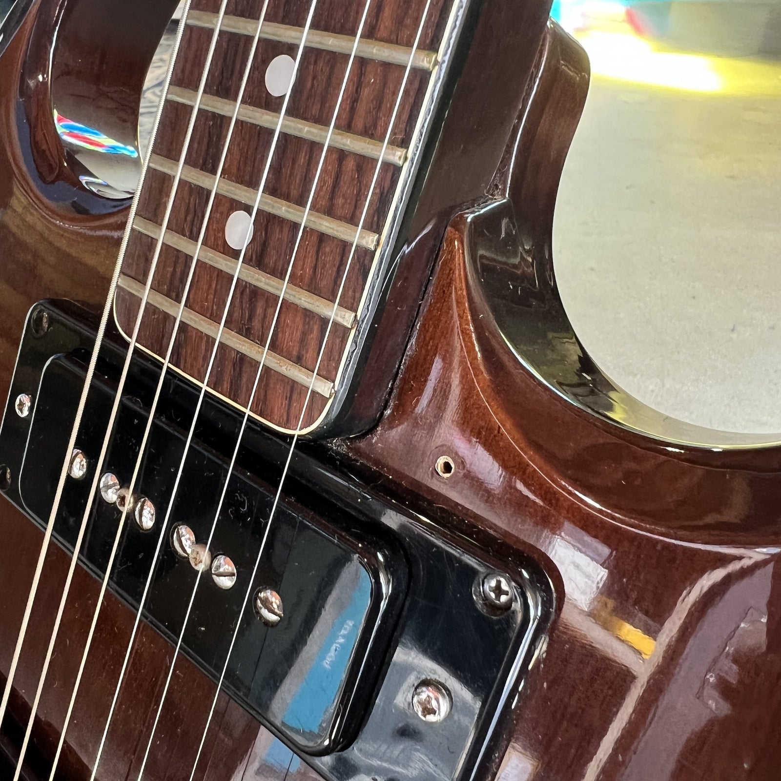 Detailed view of the bolt-on neck joint construction typical of 1970s Japanese lawsuit-era guitars