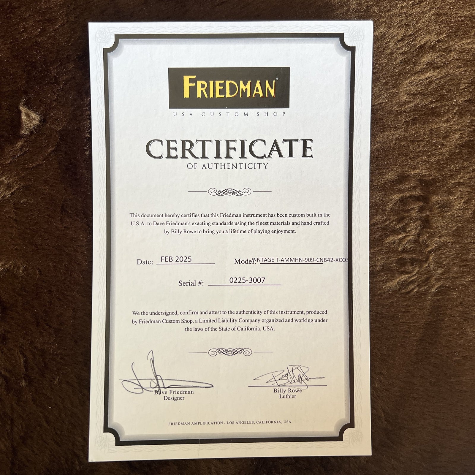 Friedman Vintage T – P90 Edition (Billy Rowe Build) – Serial #0225-3007 – Excellent Condition w/ COA