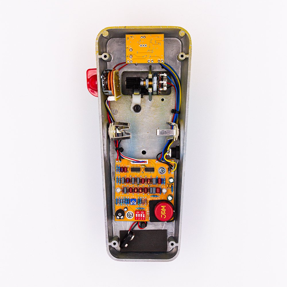 JAM Pedals Wahcko Mk.2 Wah Pedal internal circuit board showing DIP switches and Q trimmer