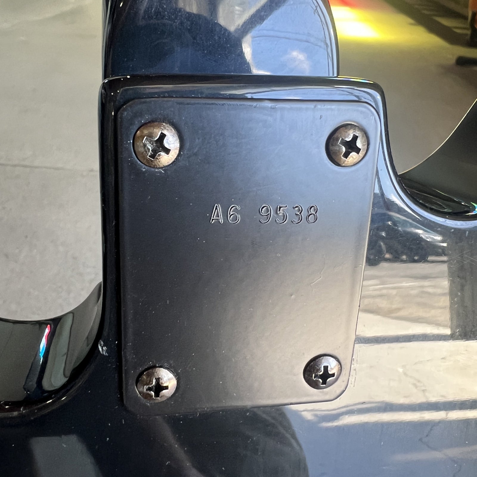 Rickenbacker 230GF neck plate displaying serial number A6 9538
