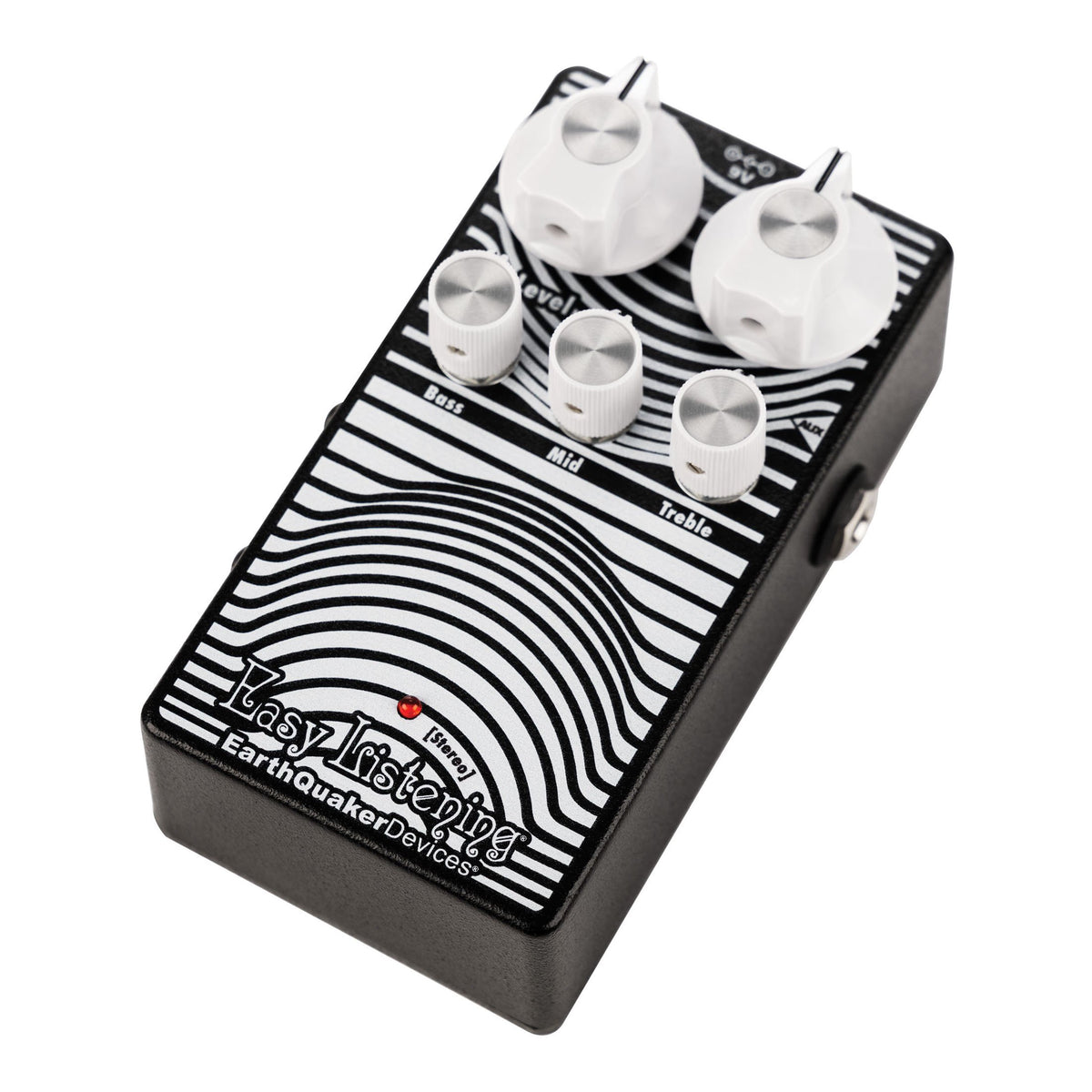 Left angled view of the EarthQuaker Devices Stereo Easy Listening Analog Amp Simulator pedal.