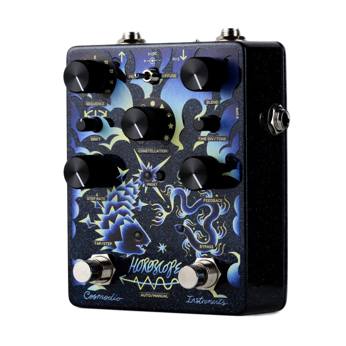Right three-quarter angle view of the Cosmodio Instruments Horoscope Echo Sequencer pedal highlighting the expression jack and side enclosure profile.  