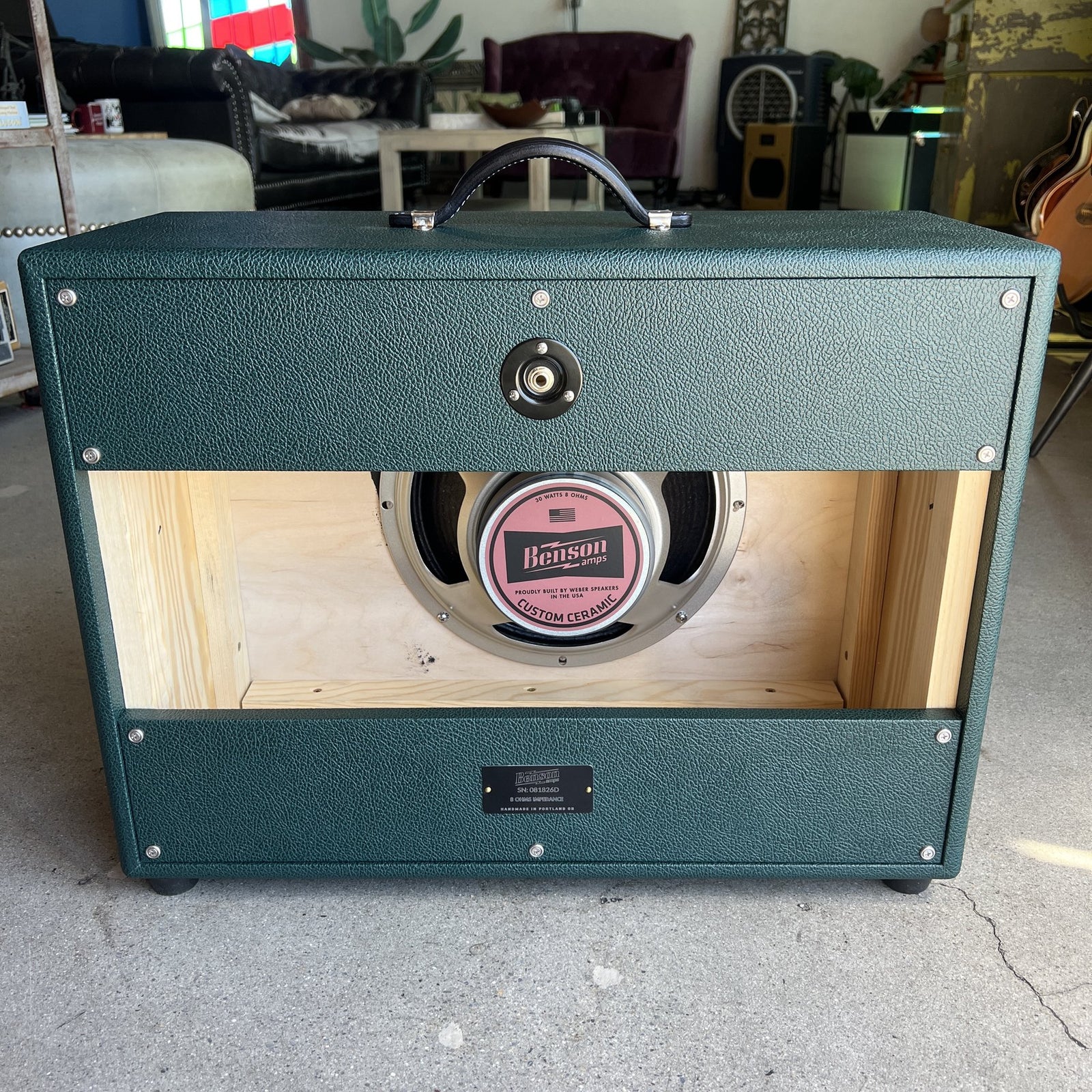 Benson Custom 30 Ceramic Speaker inside 1x12 Green Tolex cabinet